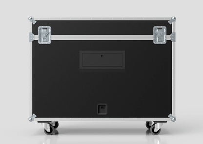 The 55" Motorised Single Screen Case, a large black equipment case with metal edges, latches, and four caster wheels, is displayed against a plain light background.