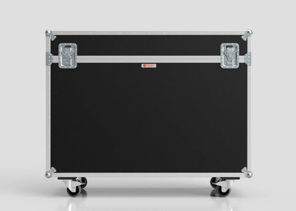 The 55" Motorised Single Screen Case is a large black equipment case with metal edges, corner protectors, handles, and wheels, shown against a plain gray background.