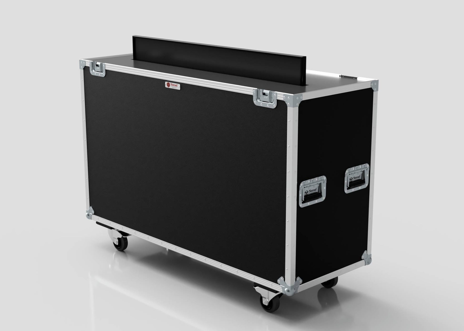 A 55" Motorised Single Screen Case in large black design with silver edges and metal handles. The partially open lid reveals a flat screen inside.