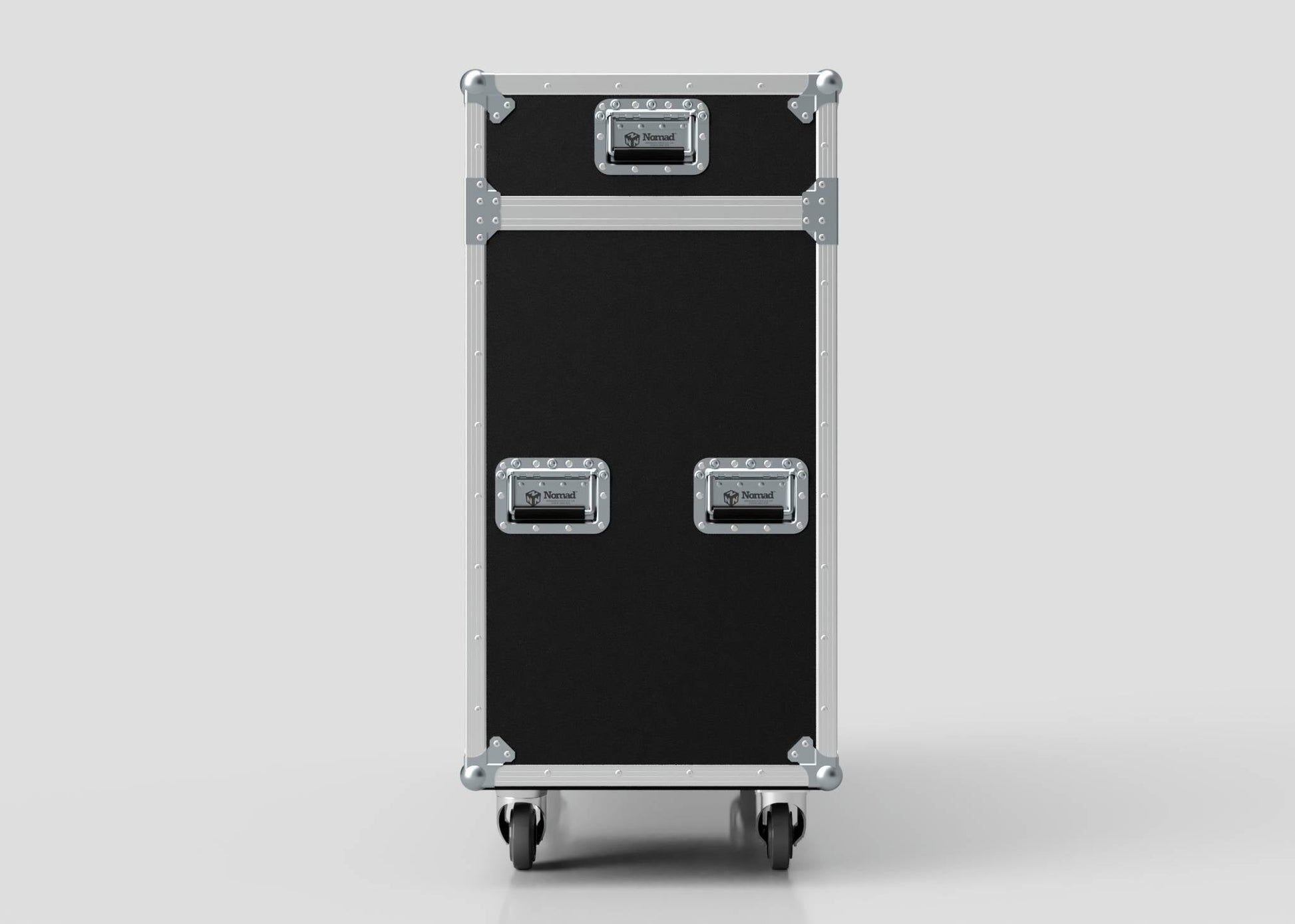 The 55" Motorised Single Screen Case features a black and silver design with metal handles and edges, standing upright on four wheels against a plain background.