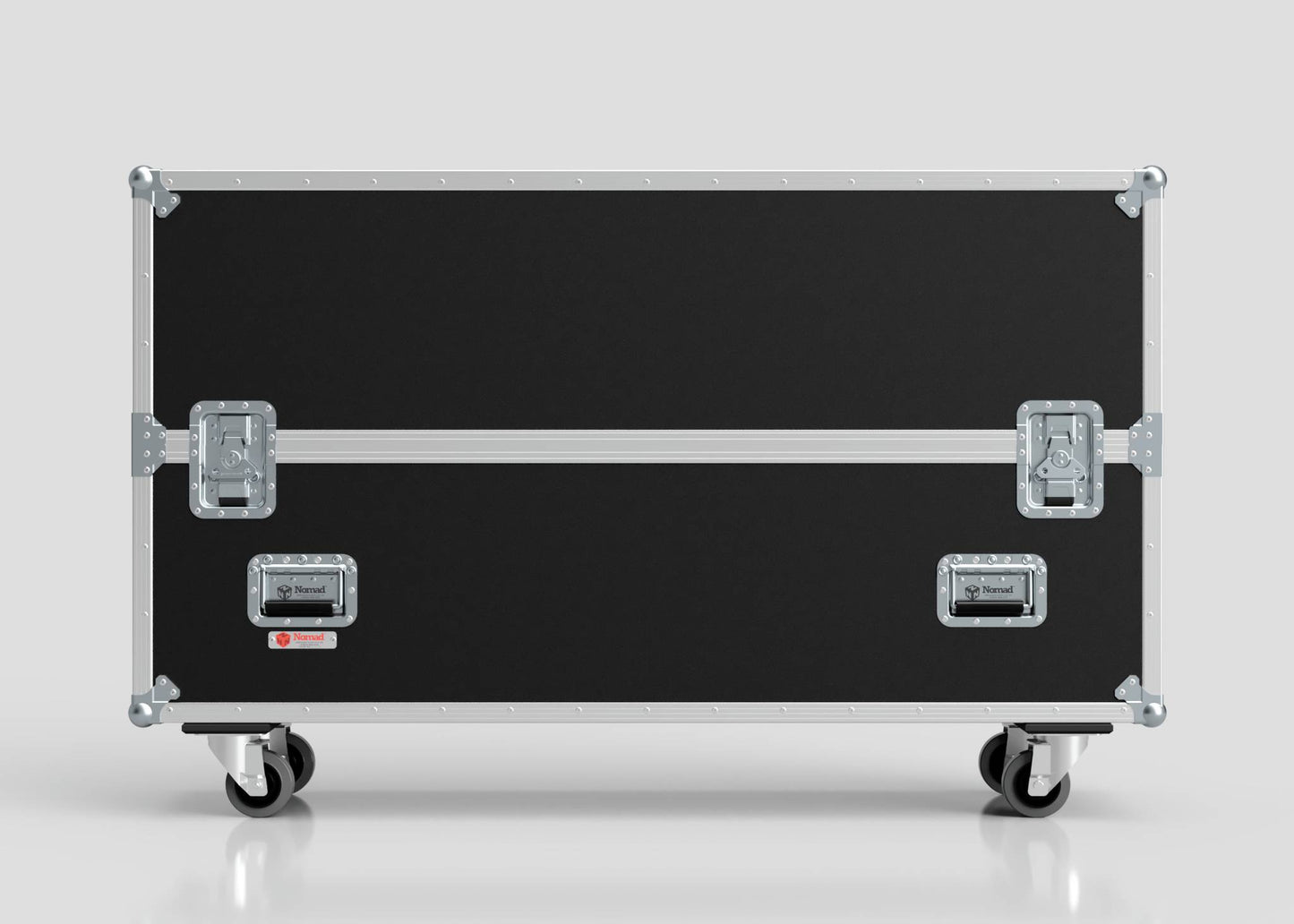 The 55" Single Screen Case is a black, rectangular hard case with metal edges and latches, mounted on four caster wheels and displayed against a plain light background.