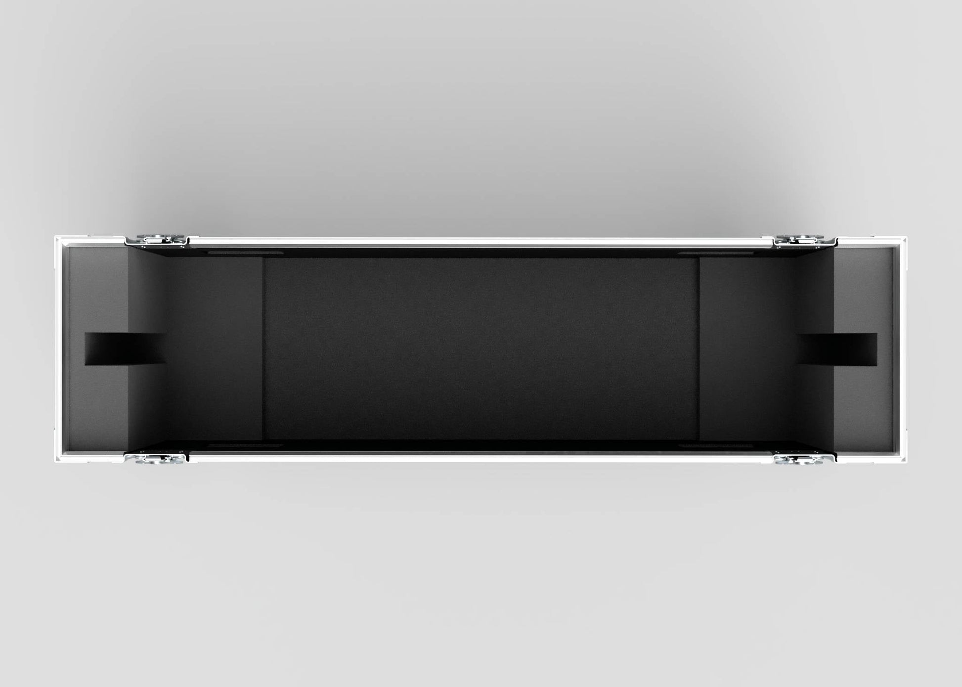 A top-down view of an empty rectangular 55" Single Screen Case in black and gray with metal hinges on each end, set against a plain light background.