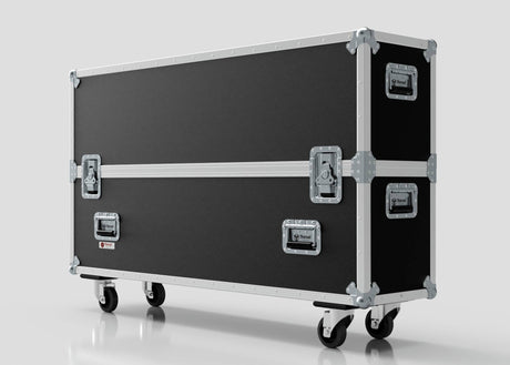 A 55" Single Screen Case in large black design with metal edges, corner protectors, handles, and latches, shown against a plain light background.
