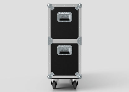 The 55" Single Screen Case, in black and silver with metal edges, features two handles and four wheels, shown upright against a plain background.