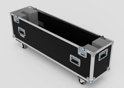 The 55" Single Screen Case is a large, black wheeled equipment case with metal edges, handles, and foam inserts, shown open on a plain background.
