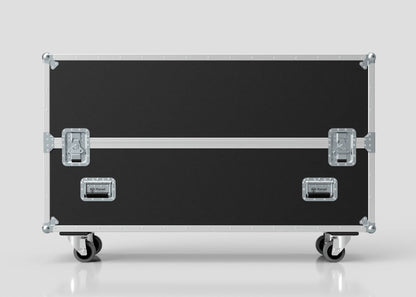 The 58" Double Screen Case is a large black and silver equipment case with metal reinforcements, latches, and four caster wheels, shown against a plain background.