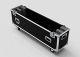 The 58" Double Screen Case is a large black equipment case with metal edges, handles, internal foam padding, and wheels, shown standing open against a plain background.