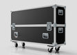 The 58" Double Screen Case is a large black rectangular equipment case with metal edges, latches, handles, and wheels, shown standing on a white reflective surface.