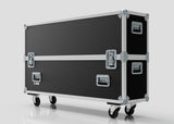 The 58" Double Screen Case is a large black rectangular equipment case with metal edges, latches, handles, and wheels, shown standing on a white reflective surface.