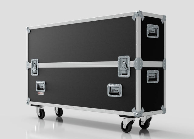 The 58" Double Screen Case is a large black rectangular equipment case with metal edges, latches, handles, and wheels, shown standing on a white reflective surface.