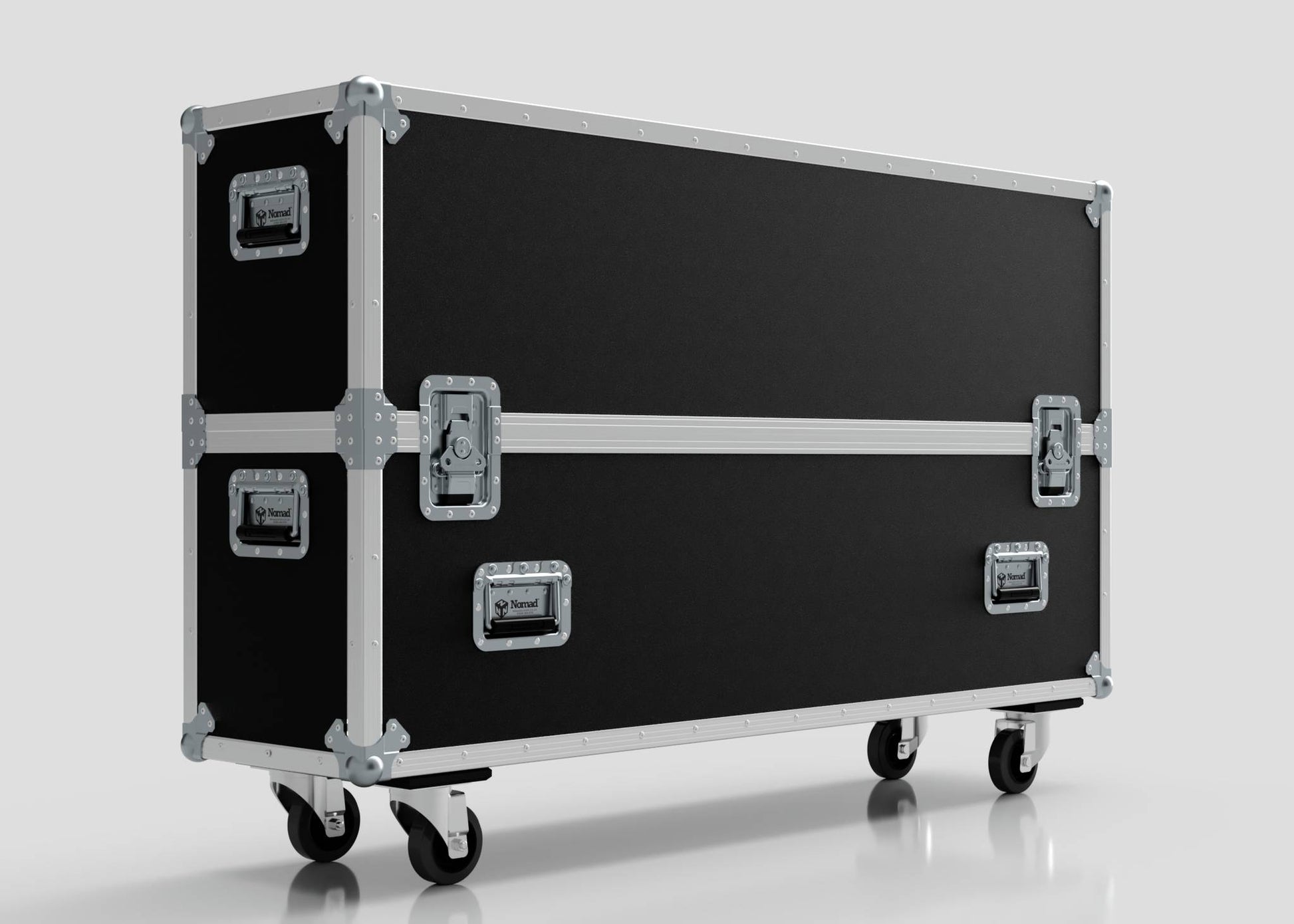 A 58" Double Screen Case in black and silver with metal reinforcements, secure latches, and four caster wheels is displayed against a plain white background.