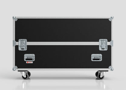 A 58" Double Screen Case featuring a large black body, metal edges, latches, handles, and set on four caster wheels is shown against a plain light background.