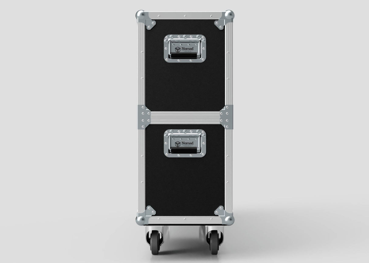 A 58" Double Screen Case featuring black panels, silver metal edges, two compartments, reinforced corners, handles, and wheels is standing upright against a plain light background.