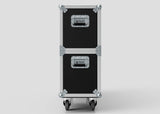 A 58" Double Screen Case featuring black panels, silver metal edges, two compartments, reinforced corners, handles, and wheels is standing upright against a plain light background.