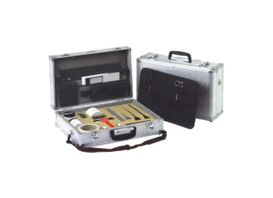A metallic briefcase is shown open, displaying organized tools and supplies, and another closed briefcase is positioned beside it on a white background.