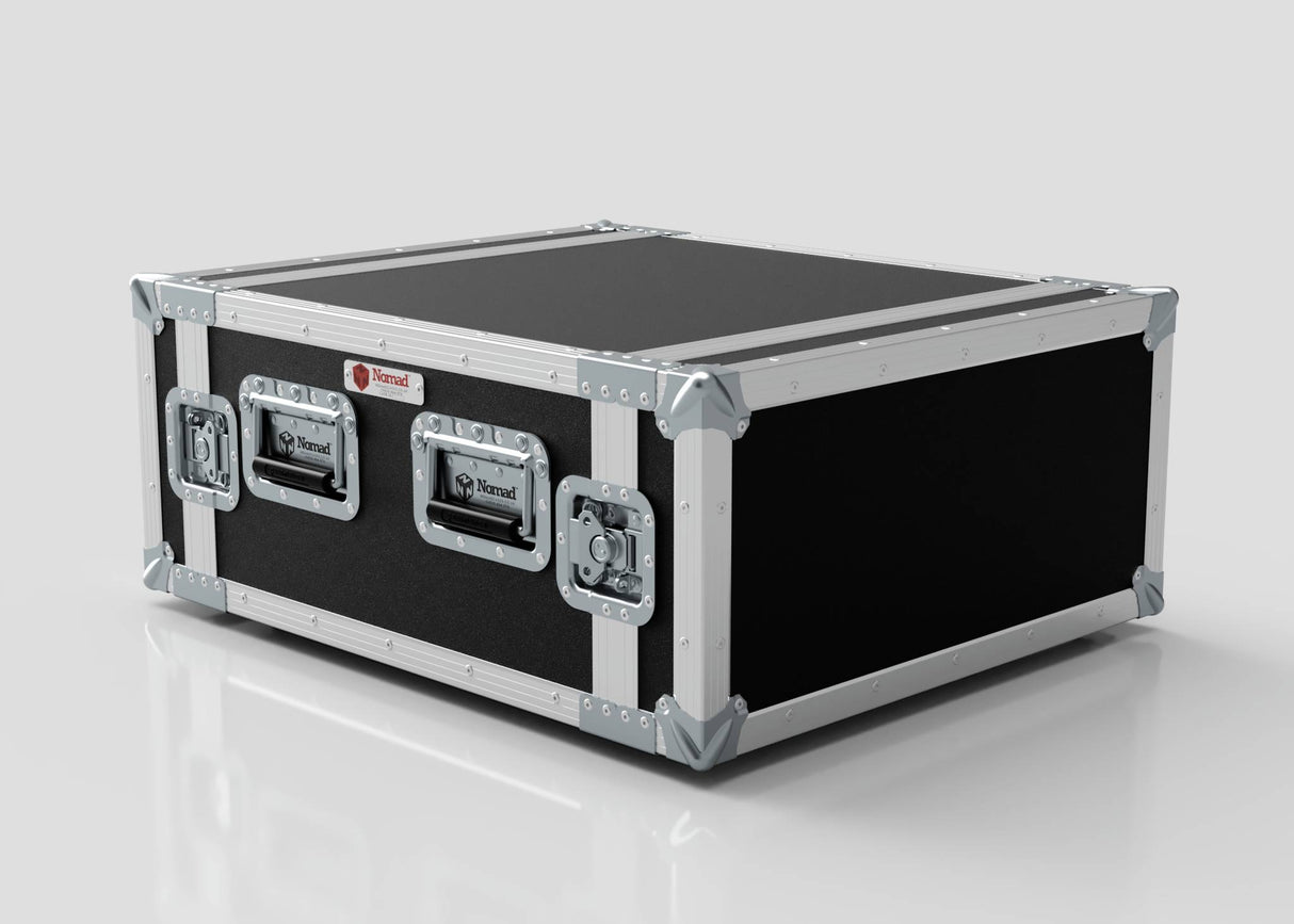 The 5U Foam Shock Mounted 19" Rack Case is a black and silver hard case with metal reinforcements, sturdy latches, integrated rack strips, and shock-mount foam, designed for secure equipment transport.
