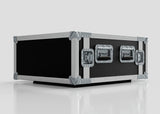 The 5U Foam Shock Mounted 19" Rack Case, made from European birch plywood with black and silver finish, reinforced corners, two front latches, and internal rack strips, is displayed on a white surface.