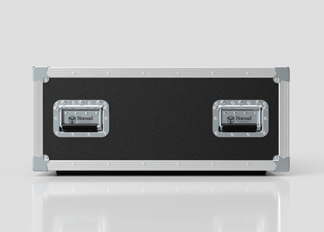 The 5U Shock Mount Slam Rack Case is a black and silver rectangular flight case with metal edges and two front latch handles, shown on a reflective surface against a plain background.