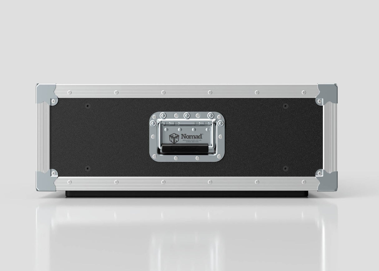 A 5U Slam Rack Case, featuring a black and silver hard shell with metal reinforcements and a handle labeled Nomad, is shown against a plain light background.