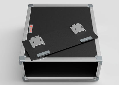 The 5U Slam Rack Case is a black and silver rectangular equipment case with a removable lid, shown partially detached and resting on top to display its empty interior.