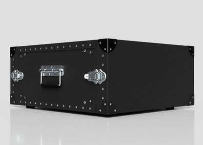 The 5U Standard Poly Rack Case, featuring black metal construction, reinforced corners, silver rivets, a handle, and padlockable latches, sits on a reflective surface—ideal for secure, lightweight storage and transport.