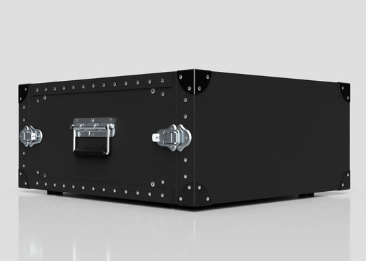 The 5U Standard Poly Rack Case, featuring black metal construction, reinforced corners, silver rivets, a handle, and padlockable latches, sits on a reflective surface—ideal for secure, lightweight storage and transport.