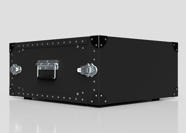 A 5U Lite Guard™ Standard Rack Case—a black, rectangular, lightweight HDPE 19-inch flight case with silver corners, rivets, handle, and latches—rests on a reflective surface against a plain light background.