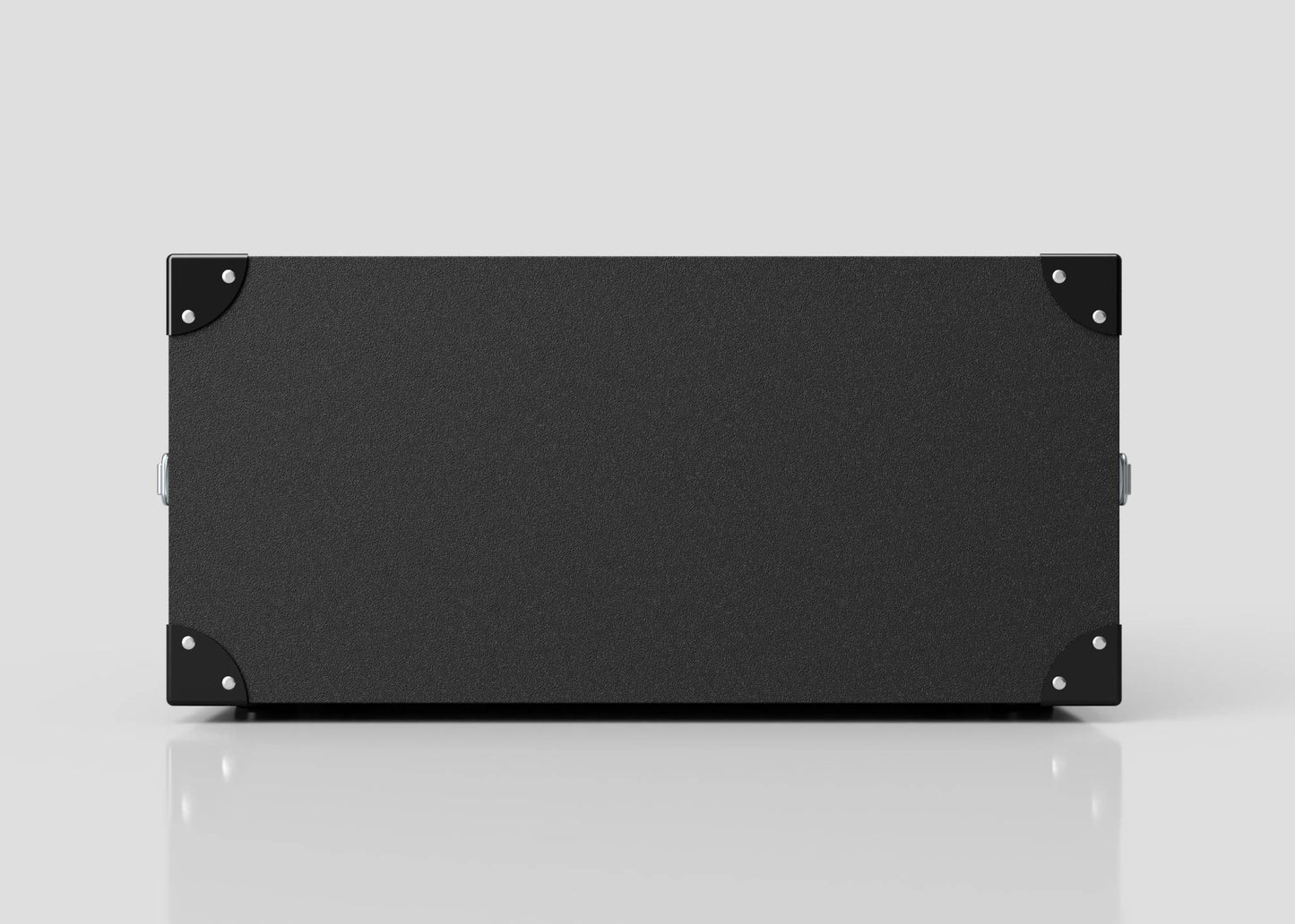 A 5U Standard Poly Rack Case in black with a rectangular shape, metal corner protectors, side handles, and padlock-ready latches sits on a reflective surface against a plain light background.