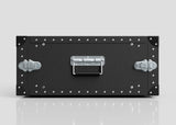 The 5U Lite Guard™ Standard Rack Case, a black, rectangular, lightweight HDPE 19-inch rack with rivets, silver latches, and a central handle, is displayed against a plain light gray background.