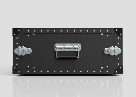 The 5U Lite Guard™ Standard Rack Case, a black, rectangular, lightweight HDPE 19-inch rack with rivets, silver latches, and a central handle, is displayed against a plain light gray background.