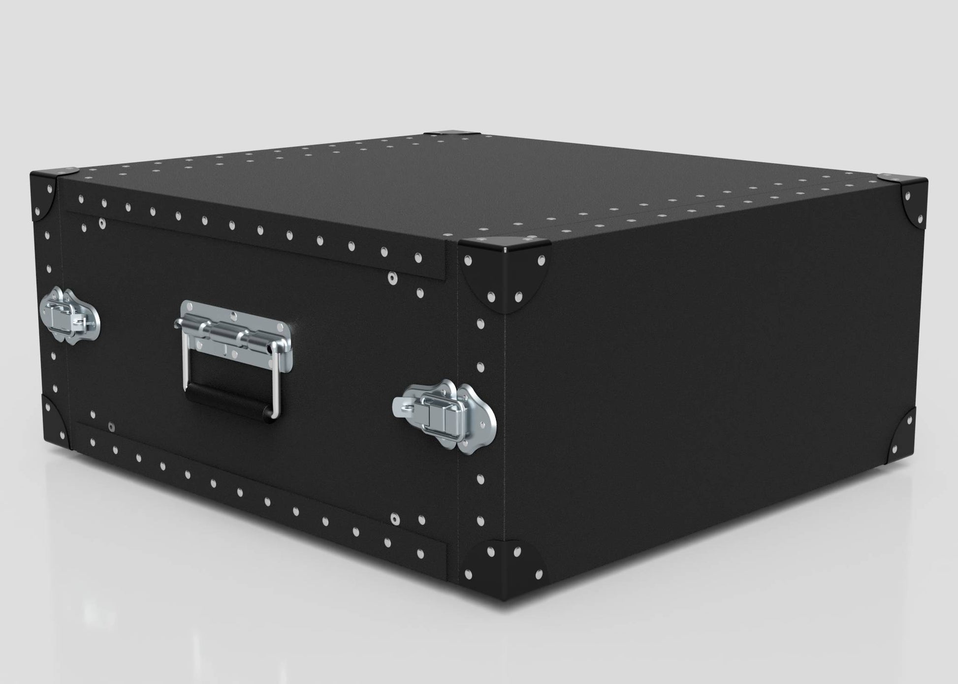 The 5U Standard Poly Rack Case, a black, rectangular metal case with silver rivets, padlockable latches, and a handle, is displayed against a white background—a secure and practical lightweight flight case option.