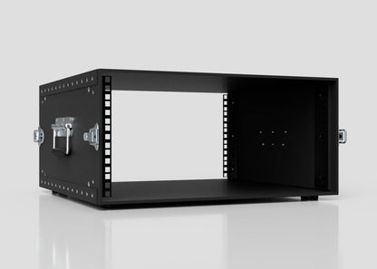 The 5U Standard Poly Rack Case is a black metal mount enclosure with an open front, side handles, and padlockable latches for security. It's shown on a reflective white surface against a light gray background.