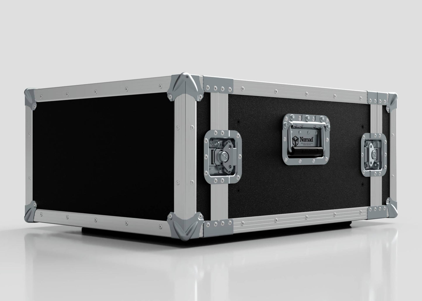 The 5U Standard Rack Case, featuring a large black and silver design with metal-reinforced corners and latches for durability, sits on a white surface.