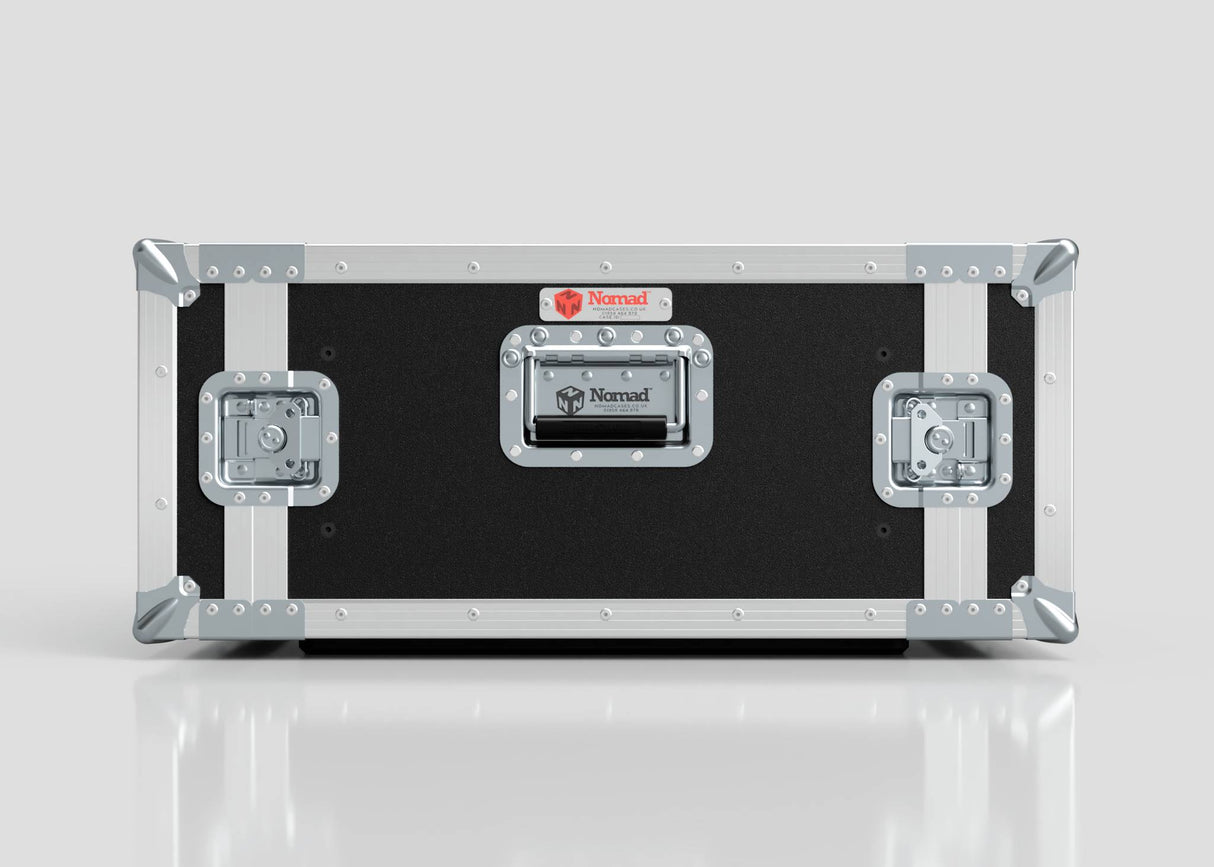 A 5U Standard Rack Case in black and silver with metal reinforcements, handles, and latches rests on a white reflective surface.