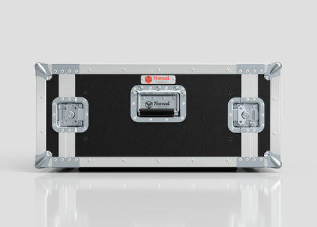 A 5U Standard Rack Case in black and silver with metal reinforcements, handles, and latches rests on a white reflective surface.