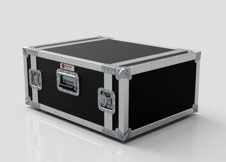 The 5U Standard Rack Case in black and silver features metal reinforcements, corner protectors, and secure latches, displayed on a white surface.