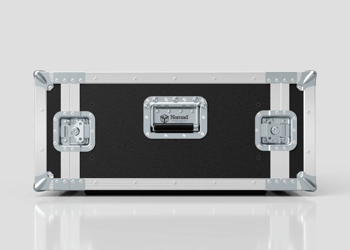 A 5U Standard Rack Case in black and silver with metal reinforcements and latches, featuring a Nomad label on the front, is placed on a white reflective surface.