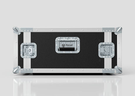 A 5U Standard Rack Case in black and silver with metal reinforcements and latches, featuring a Nomad label on the front, is placed on a white reflective surface.