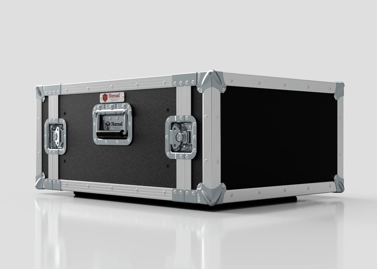 The 5U Standard Rack Case, featuring black and silver finishes with metal reinforcements, is displayed on a reflective surface against a plain background.