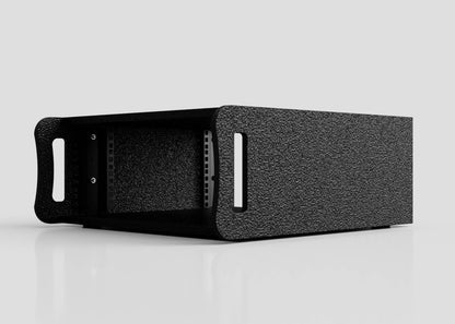 The 5U Standard Rack Sleeve is a black, textured metal rackmount case with side handles and an open front, displayed against a plain light background.