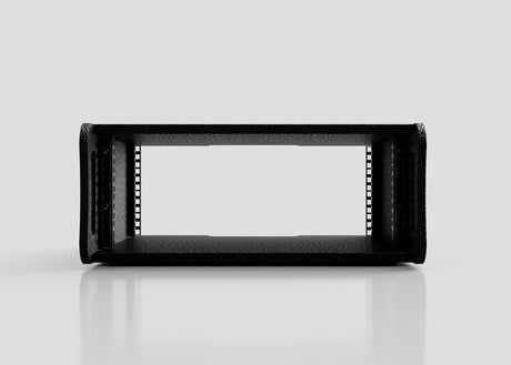 The 5U Standard Rack Sleeve, a black rectangular open-frame rack enclosure, is shown from the front against a plain gray background with visible mounting rails on both sides.