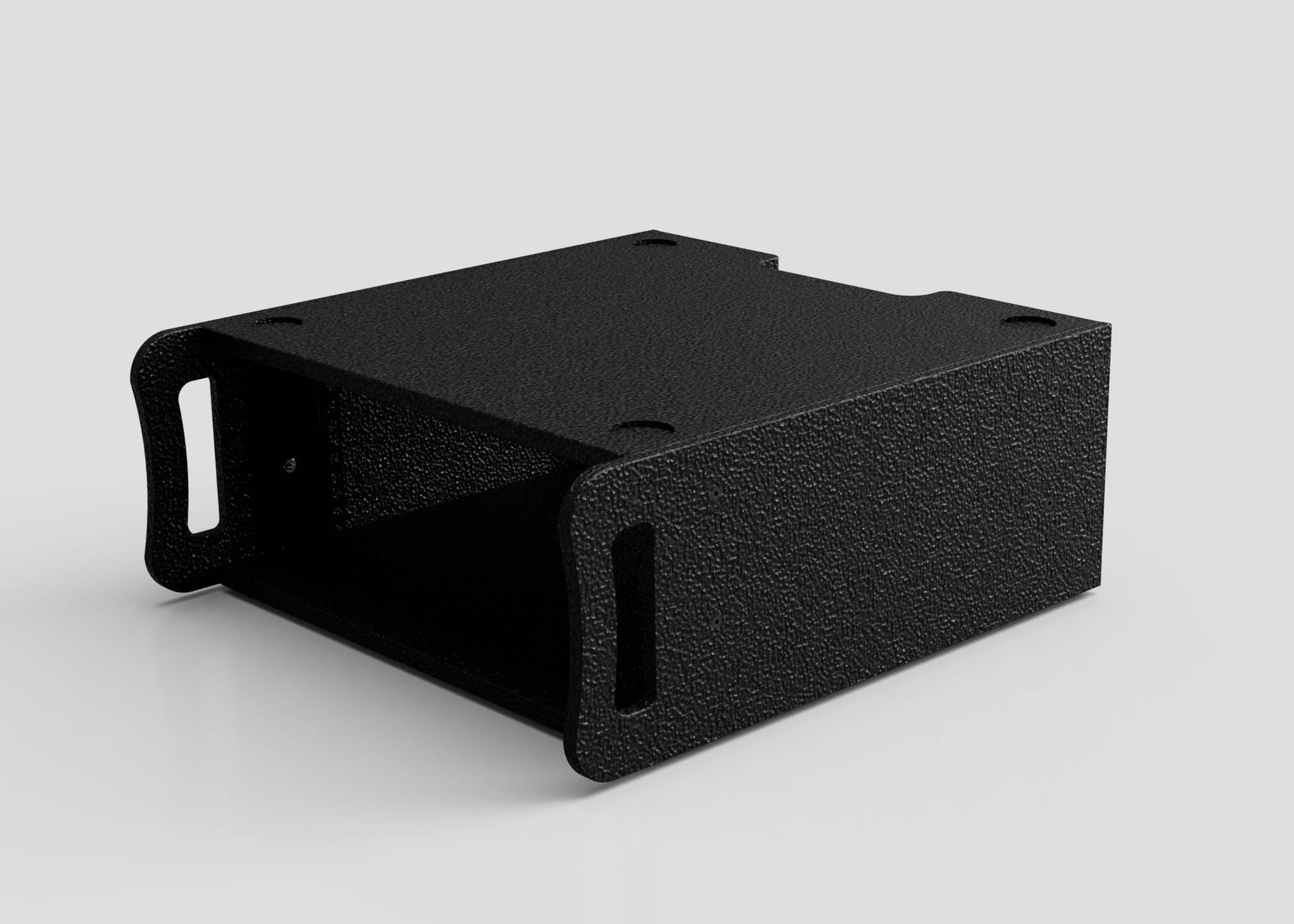 The 5U Standard Rack Sleeve, a black rectangular metal enclosure with a textured finish, is open on one side and has mounting slots on both ends, shown against a plain light background.