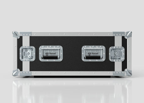 The 5U Suspended Shock Mounted Rack Case is a rectangular black and silver hard case with three latches, reinforced metal corners, and anti-vibration mounts, shown against a plain light background.