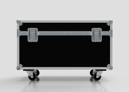 6 Way Chauvet Rogue Outcast 1 Beamwash Case: black road case with metal edges, two latches, and four caster wheels, shown against a plain light background. External dimensions: 1197 x 602 x 763 mm.
