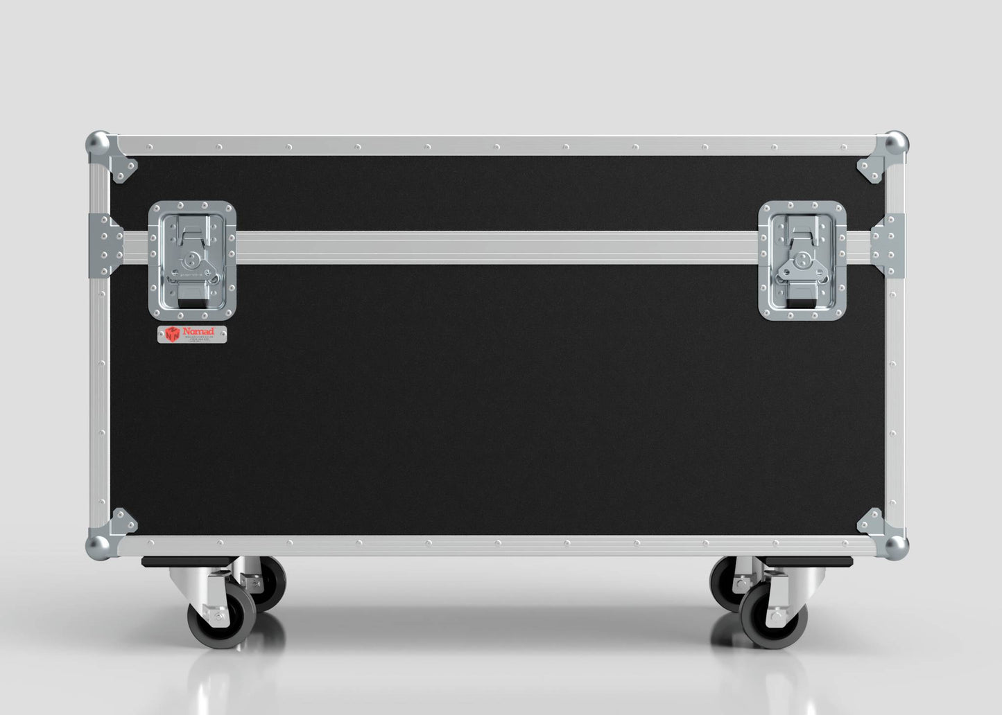 The 6 Way Chauvet Rogue Outcast 1 Beamwash Case is a large black and silver hard case with metal edges, latches, four wheels, and external dimensions of 1197 x 602 x 763 mm, standing on a smooth, light gray surface.