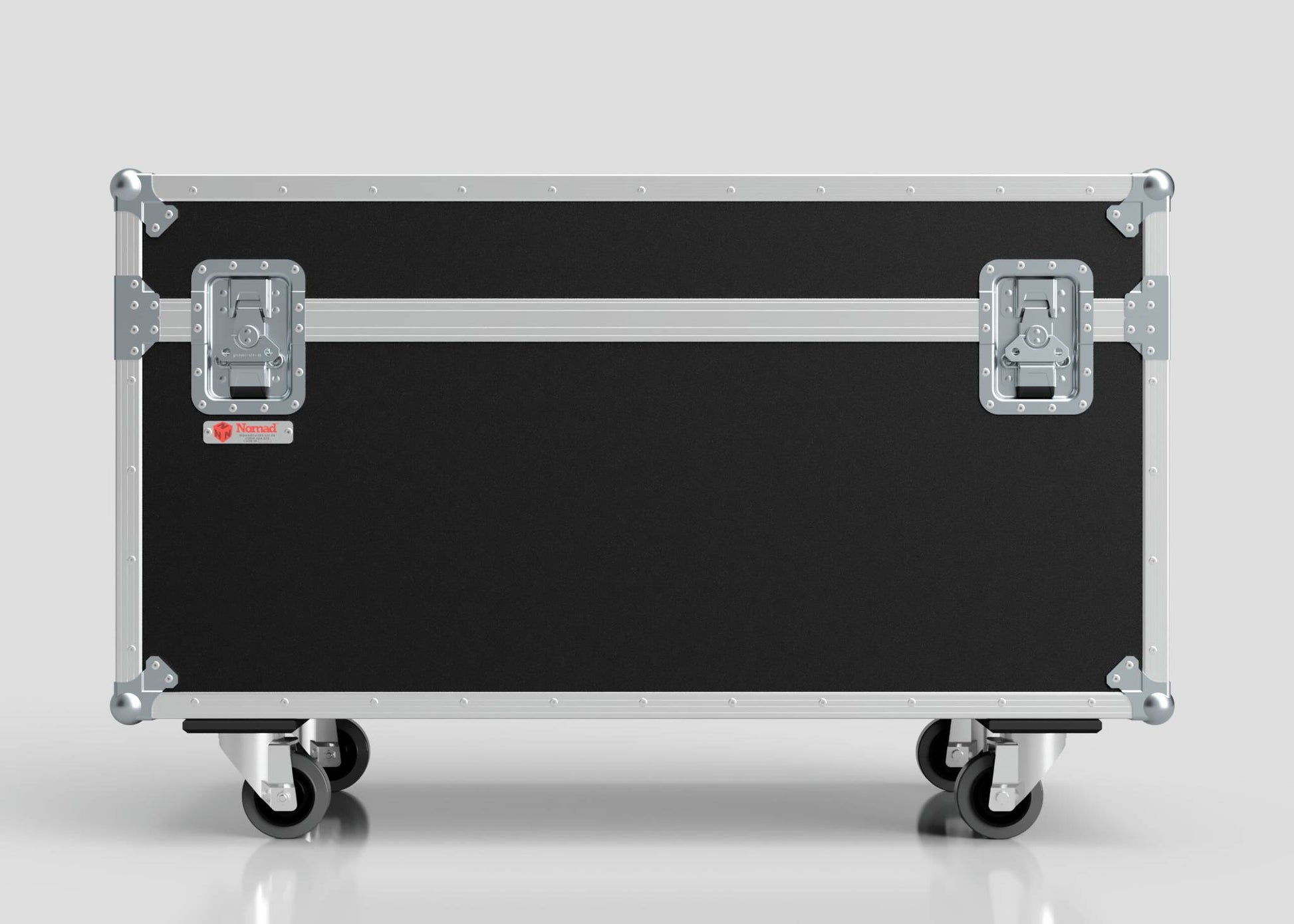 The 6 Way Chauvet Rogue Outcast 1 Beamwash Case is a large black and silver hard case with metal edges, latches, four wheels, and external dimensions of 1197 x 602 x 763 mm, standing on a smooth, light gray surface.