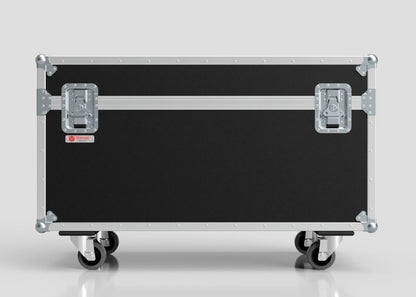 The 6 Way Chauvet Rogue Outcast 1 Beamwash Case is a large black and silver hard case with metal edges, latches, four wheels, and external dimensions of 1197 x 602 x 763 mm, standing on a smooth, light gray surface.