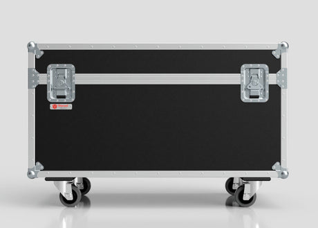 The 6 Way Chauvet Rogue Outcast 1 Beamwash Case is a large black and silver hard case with metal edges, latches, four wheels, and external dimensions of 1197 x 602 x 763 mm, standing on a smooth, light gray surface.