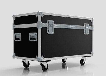 A 6 Way Chauvet Rogue Outcast 1 Beamwash Case, black and silver with metal edges, handles, and four caster wheels, sits on a plain light background. Its external dimensions are 1197 x 602 x 763 mm.