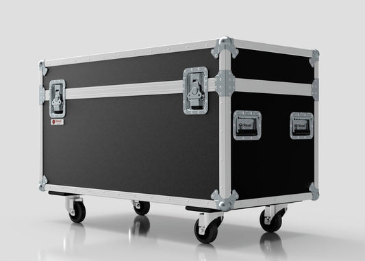 The 6 Way Chauvet Rogue Outcast 1 Beamwash Case is a large, black, rectangular case (1197 x 602 x 763 mm) with metal edges, handles, latches, and four caster wheels shown on a white background.